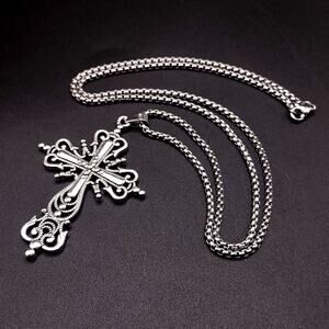 Silver Box Chain Necklace w/ Ornate Cross Unisex Birthday Anniversary Gift NEW